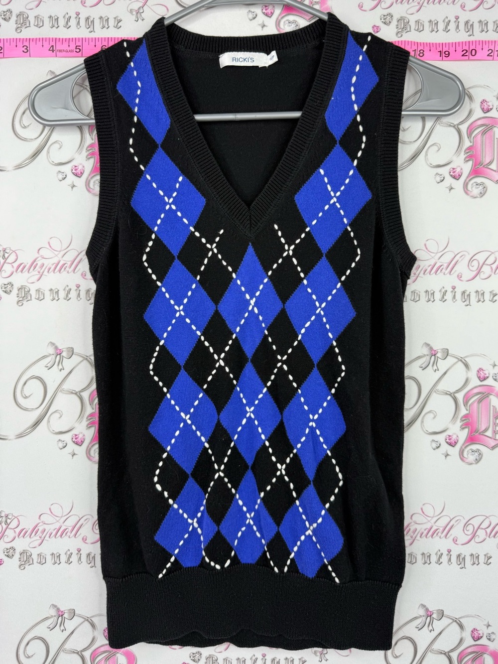 RICKI'S argyle tank Women's Black & Royal Blue Argyle Knit Sweater Vest